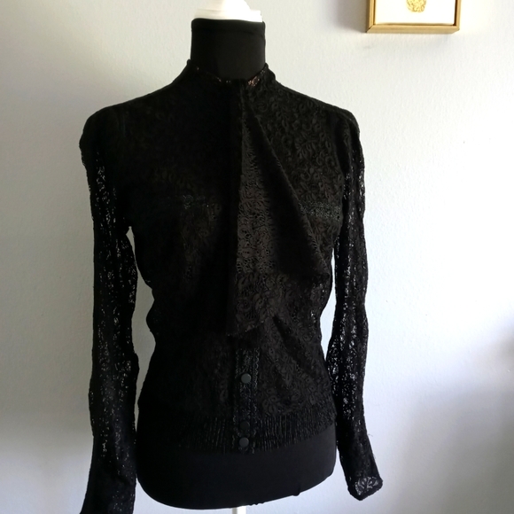 Byron Lars Beauty Marks- Black Sheer Lace Blouse size 4 snaps buttons front - Picture 1 of 14